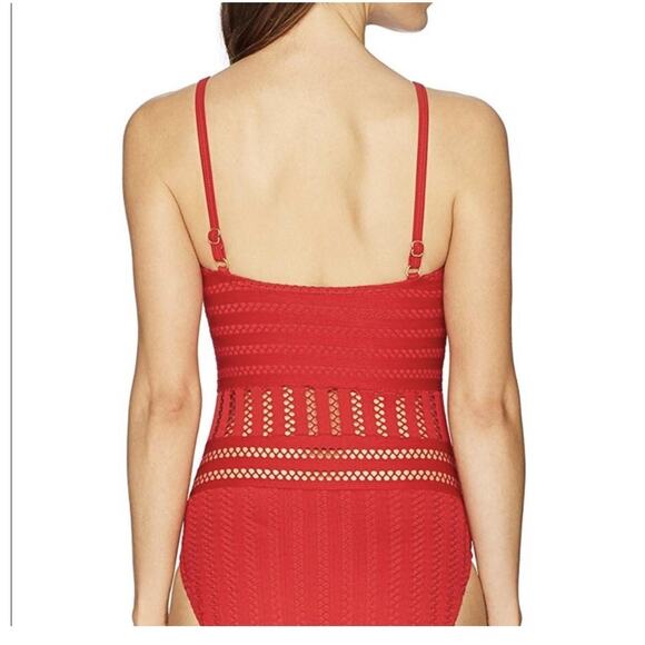Kenneth Cole New York Swimsuit Womens Large Red High Neck Crochet One Piece NWT - Picture 2 of 6